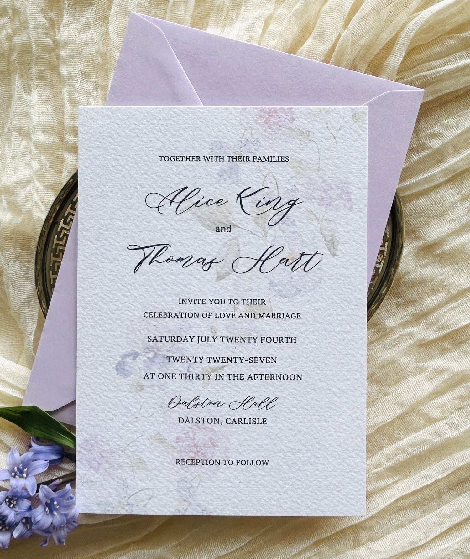 Watercolour floral wedding invitation card with envelope